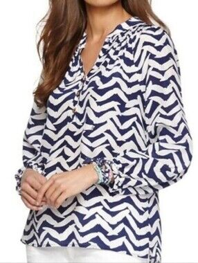 Lilly Pulitzer Elsa 100% Silk Navy White Zebra Print Peasant Blouse XS
